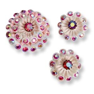 Vintage Pink Soft Plastic Aurora Borealis Rhinestones Brooch/Earrings Clip-On